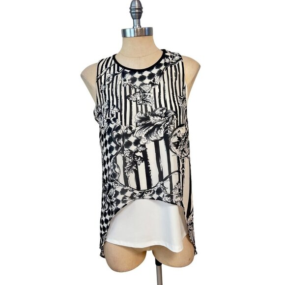 Scapa Lauren Perre Black & White Sheer Sleeveless Printed High-Low Top Small - Picture 1 of 5